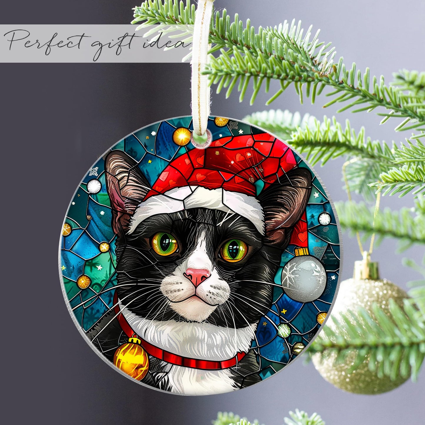 Fastpeace Tuxedo Cat Christmas Ornament with Santa Hat – Stained Glass Style Tree Decoration – Cute Hanging Gift for Cat Lovers, Friends, and Family