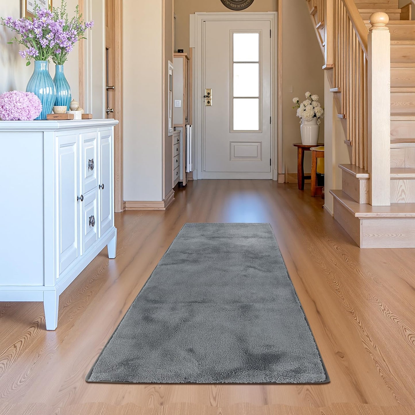 jinchan Solid Plush Runner Rug 2x5 Performance Shaggy Washable Hallway Rug Soft Modern Faux Wool Cozy Non Slip Carpet for Bedroom Laundry Room Living Room Kids Nursery Grey