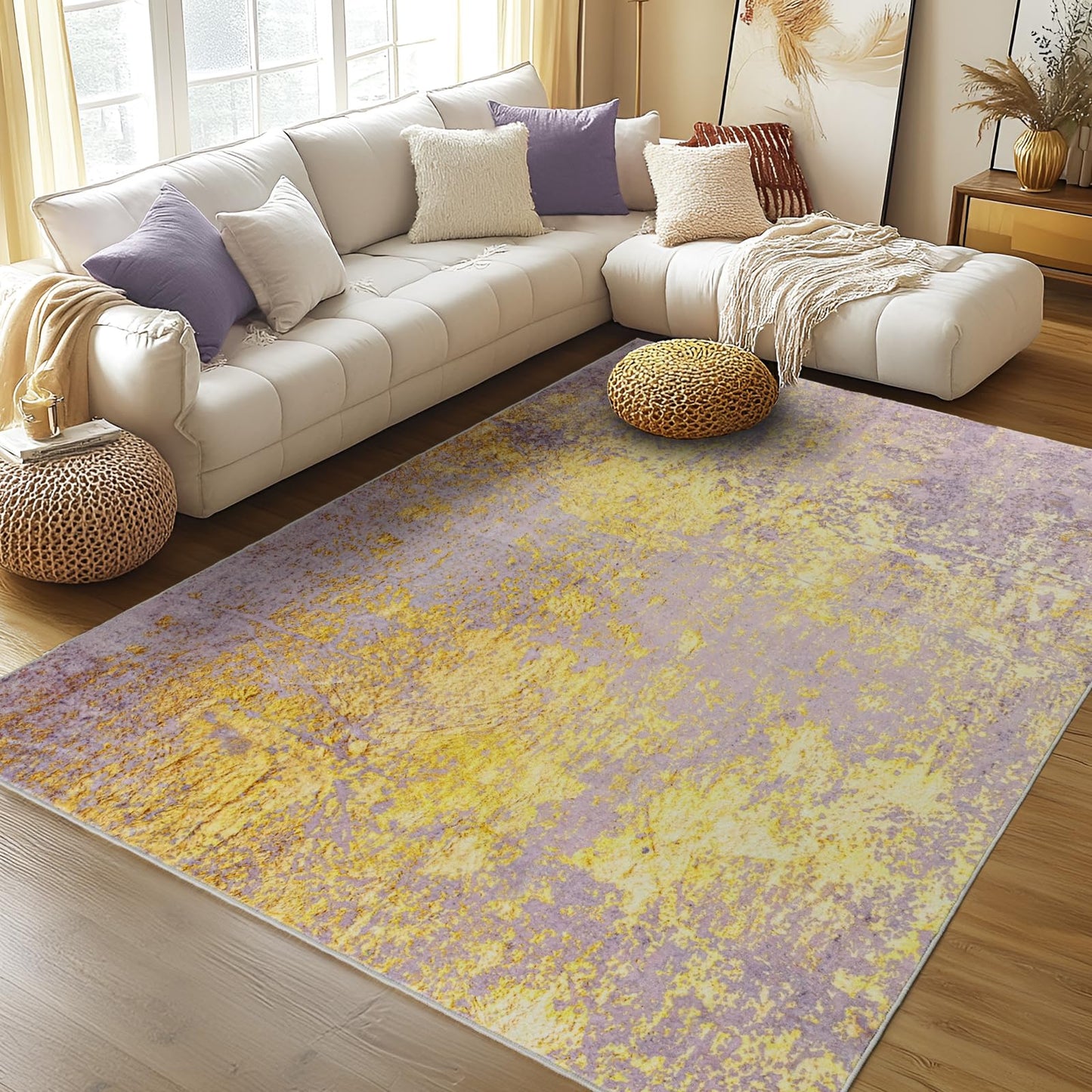 Merelax 5x7 Pink Yellow Living Room Area Rug, Large Washable Rugs for Bedroom Dining Room, Soft Boho Abstract Area Rugs, Modern Non Slip Low Pile Carpet for Office Study Kids Room