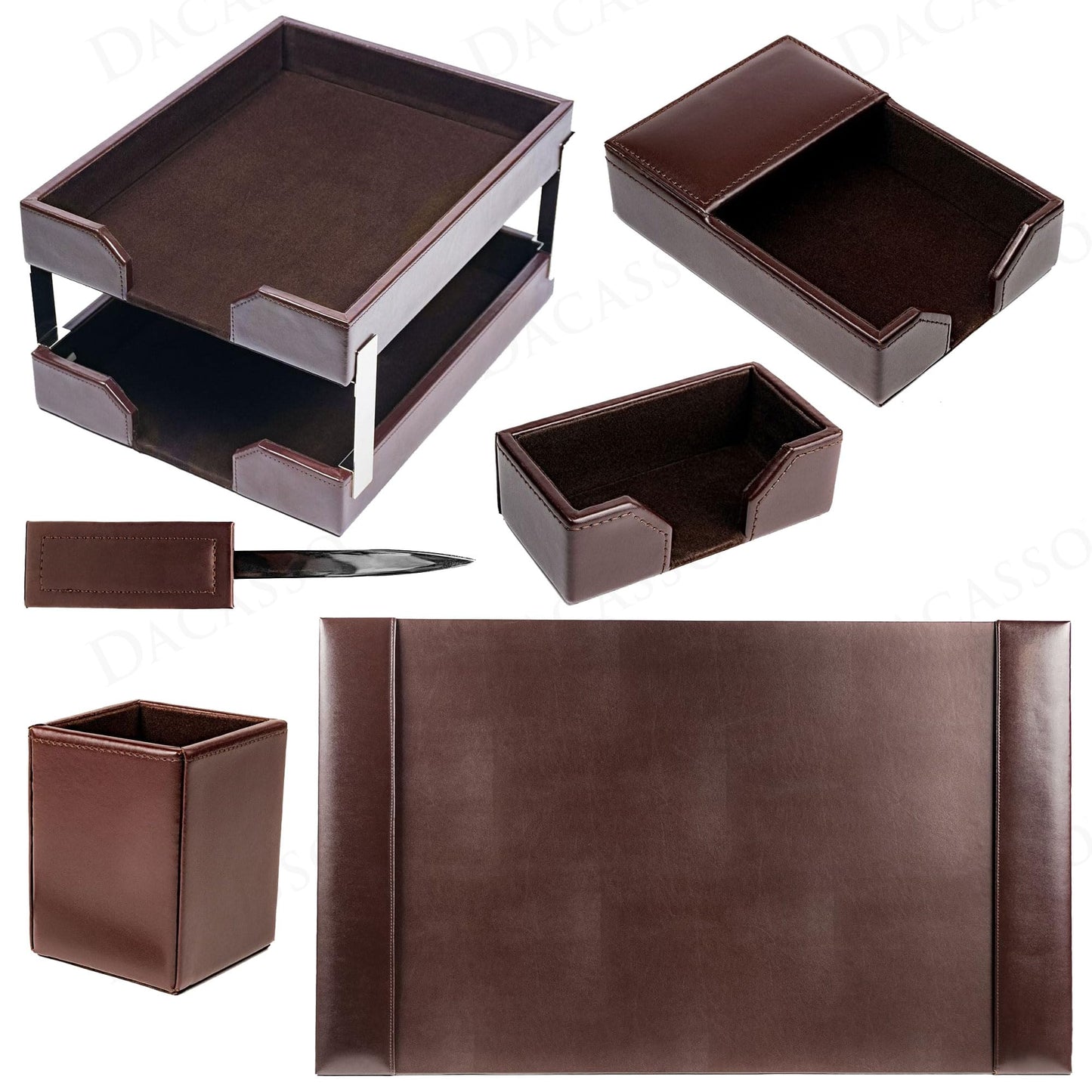 Dacasso Dark Brown Bonded Leather 8-Piece Desk Accessory Set - Organization Essentials & Executive Decor - Luxury Leather Blotter for Office Organization