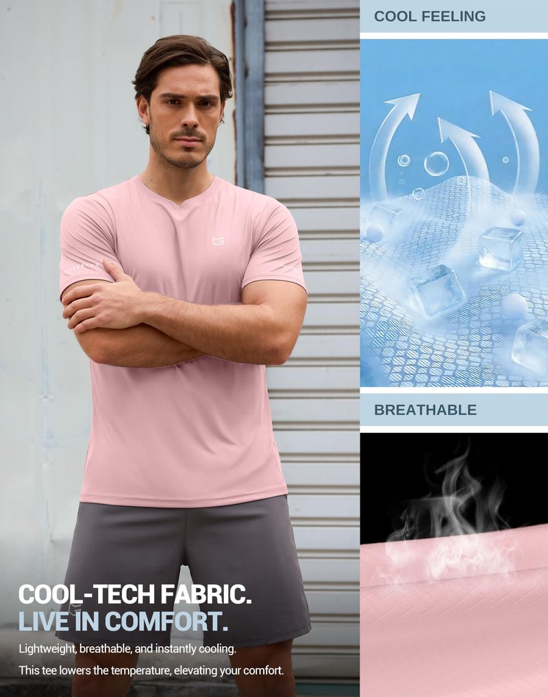 Men's Workout Breathable T-Shirts Dry Fit UPF 50+ Sun Shirts Quick Dry Cooling Tee for Athletic, Running, Hiking (Light Pink, 4XL)