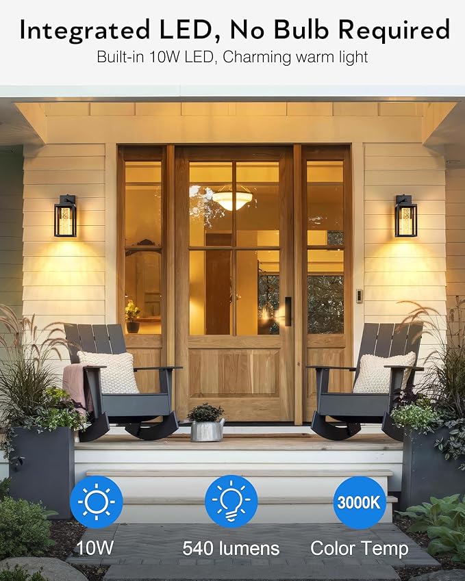 VIANIS Black Exterior Lighting Fixtures Wall Mount for House, 2 Pack Dusk to Dawn Outdoor Porch Light with Integrated 10W LED Light Source Crystal Bubble Glass, Anti-Rust Exterior Wall Sconce Lantern