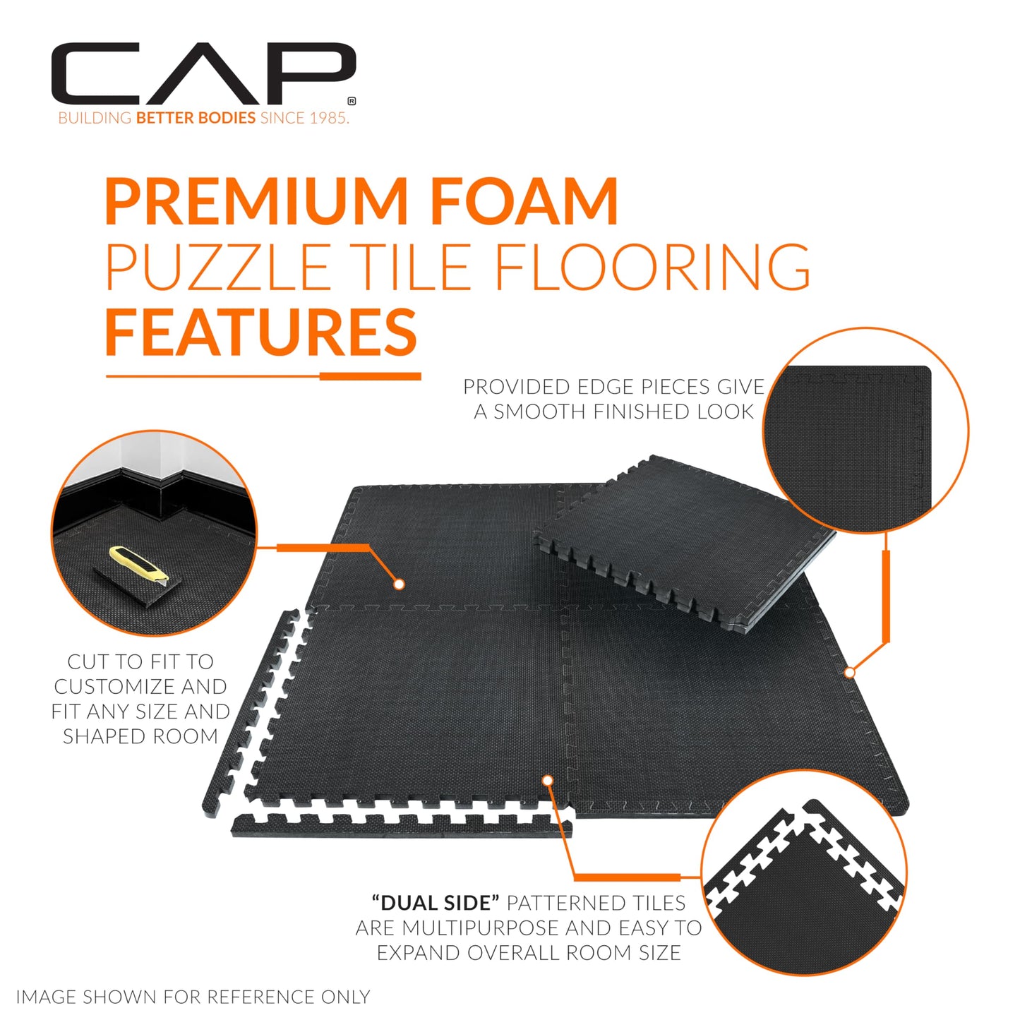 CAP Barbell 1-Inch Interlocking EVA Foam Exercise Puzzle Mat Home Gym Flooring - 3 Pack | 24" x 24" x 1" | T Pattern - Black
