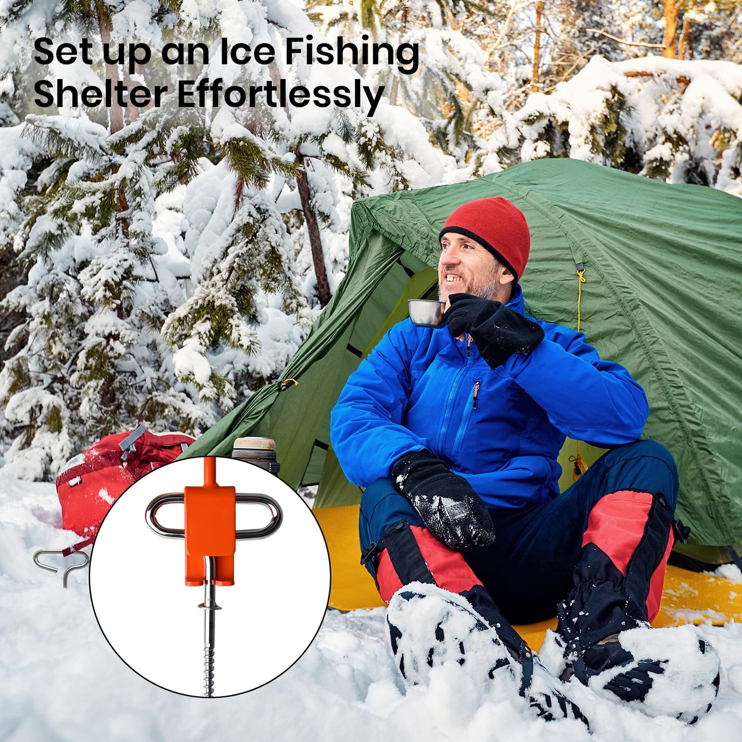 Pristis Ice Anchor Tool Kit, Ice Fishing Tent Stakes Nails with Drill Adapter, Stainless Steel Augers Accessories Set, Threaded Gear Equipment with Protective Bag for Setting Up Camping Shelter Shanty