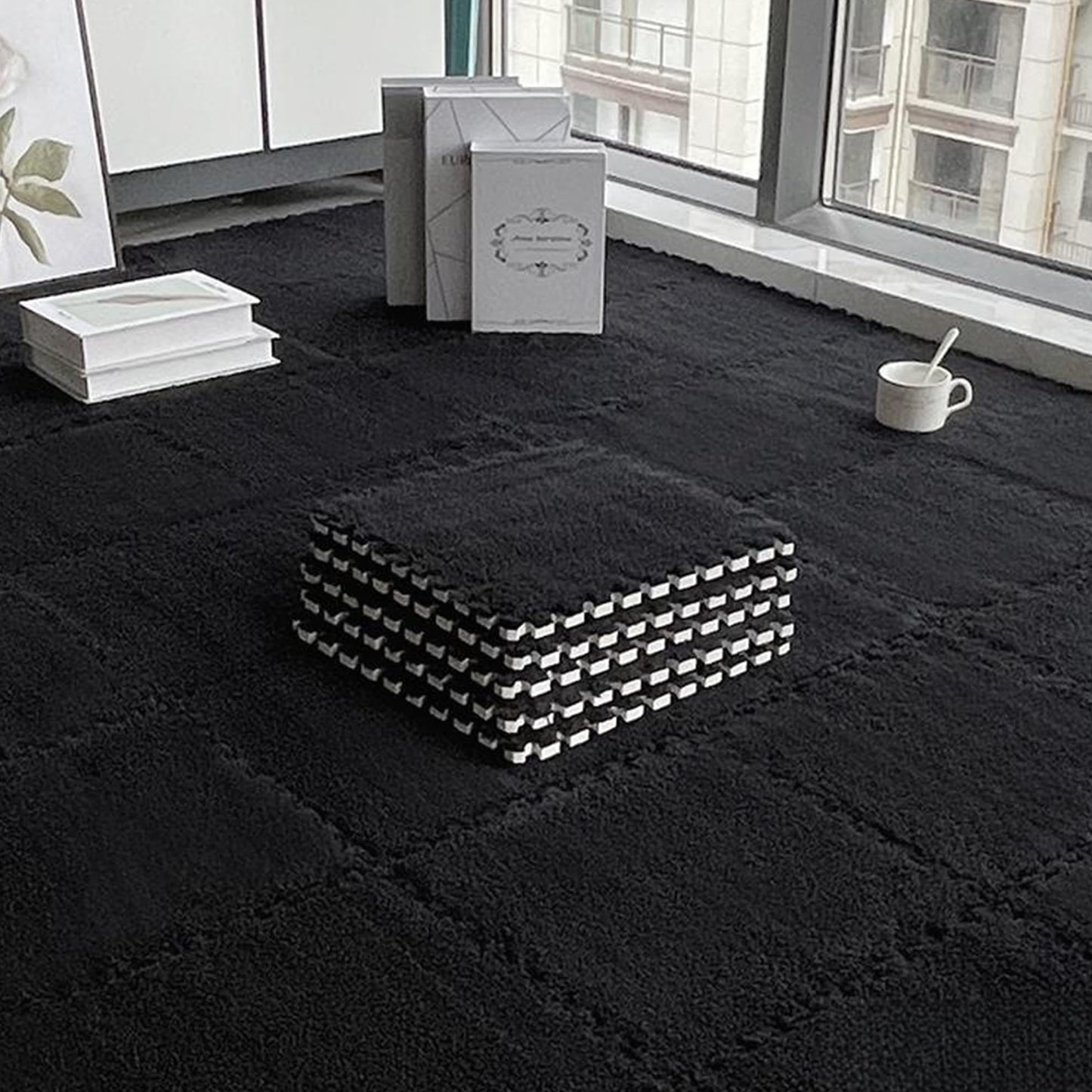 Interlocking Carpet Shaggy Soft EVA Foam Mats Fluffy Area Rugs Protective Floor Tiles Exercise Play Mat for Children Kids Room Home Parlor Bedroom 12 pcs Black