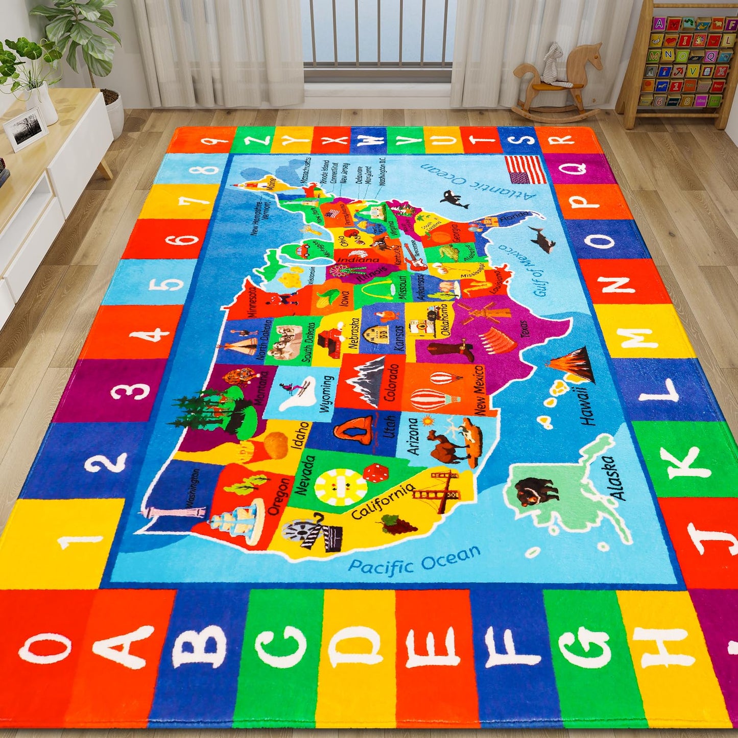 LTKOUGFAM USA Map ABC Kid Rug 39.4" × 63" for Playroom Geography Classroom Rug Educational Kids Playmat Alphabet Mat for Primary School Fluffy Ployester Non-Slip Preschool Carpet for Room