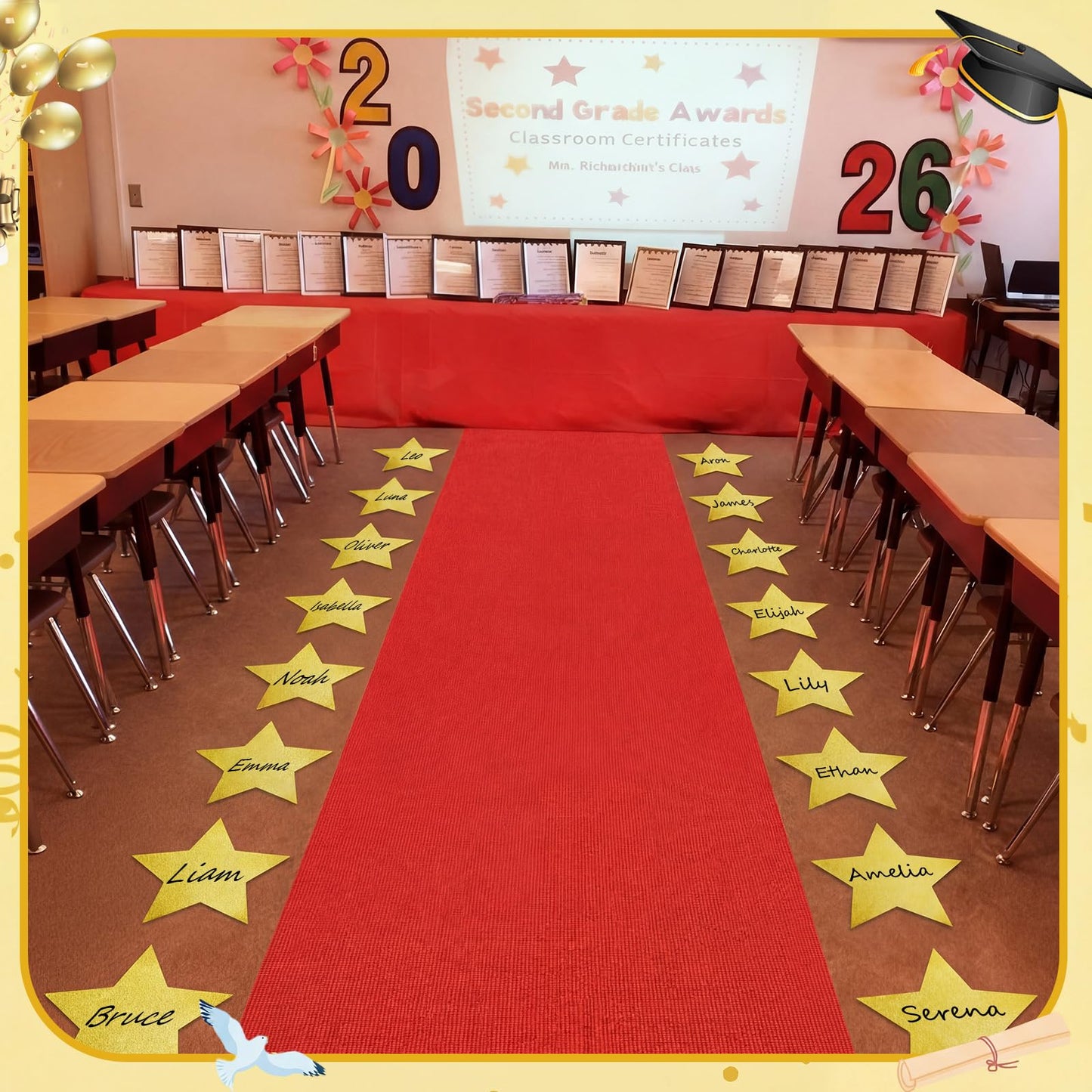 eBoot Red Carpet Runner Backdrop 23ft Graduation Aisle Runner with Large Star Backdrop and 24 Star Paper Cutouts for Graduation Ceremony End of Years Movie Theme Party Entrance Photo Booth Decorations