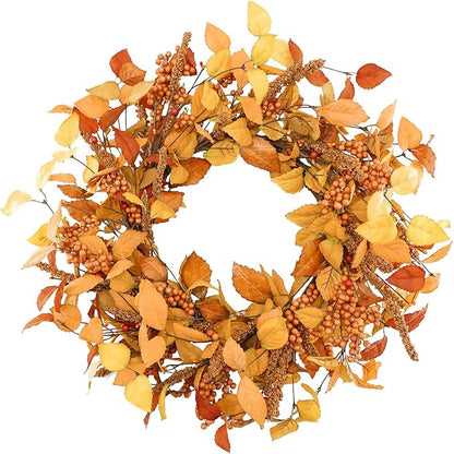 YNYLCHMX 18" Fall Wreaths for Front Door, Artificial Autumn Wreath, Fall Door Wreath with Eucalyptus Leaves and Sorghum for Home Porch Window Wall Farmhouse Decor, Indoor Outdoor, Holiday Decor