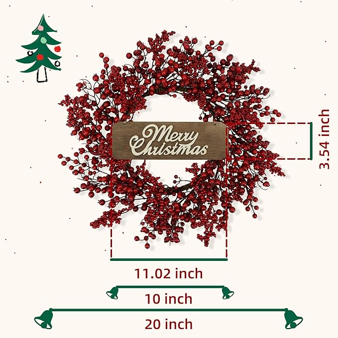 YNYLCHMX 20 Inch Christmas Wreath for Front Door, Winter Wreath with Welcome Sign Red Berries, Artificial Door Xmas Wreaths for Window Wall Fireplace Farmhouse Holiday Party Decoration