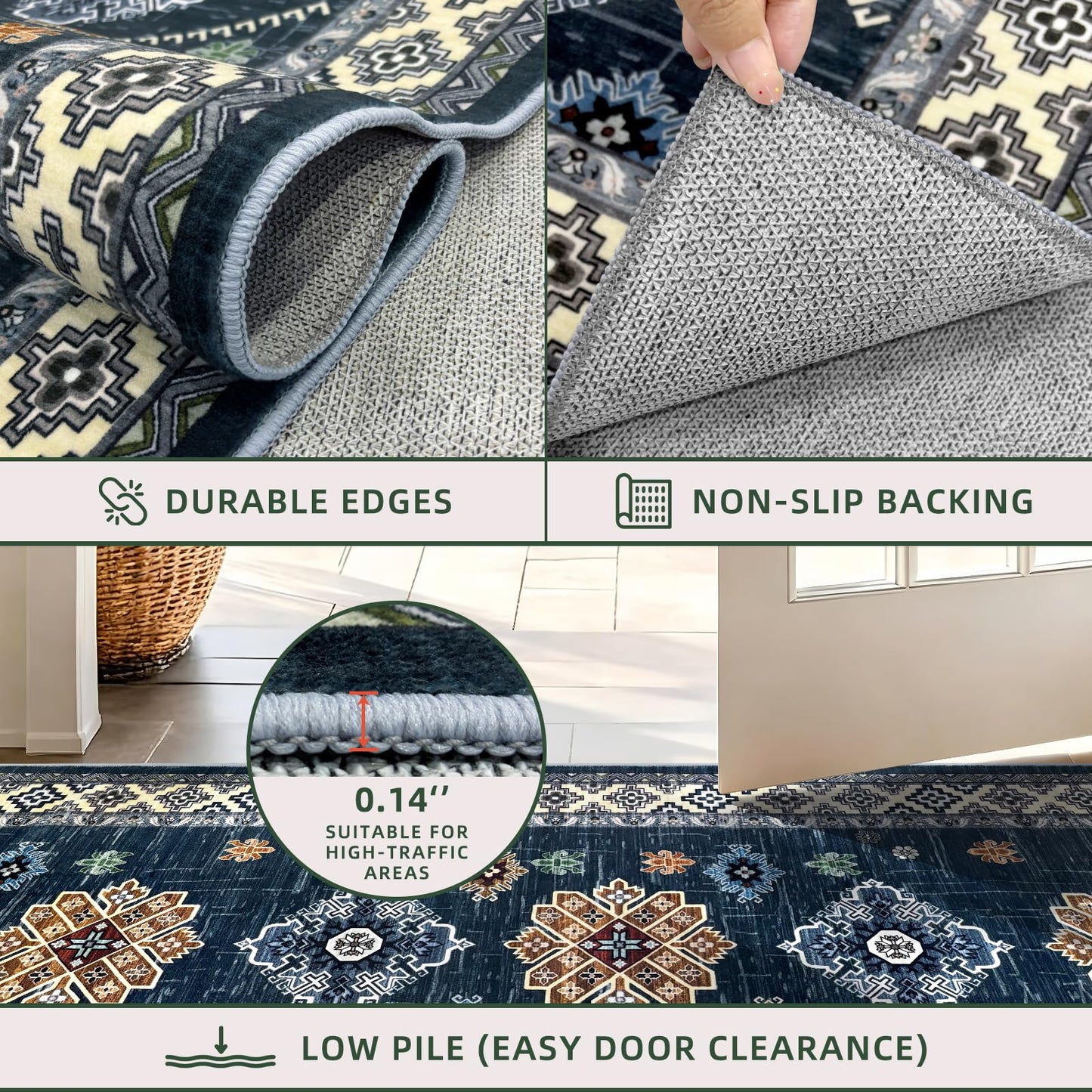 Mordem Blue Runner Rug 2x8, Non Slip Low Pile Stain Resistant Boho Washable Hallway Runner Rugs for Kitchen Bedroom Beside Laundry Room Bathroom Rug, Pet & Kids Friendly