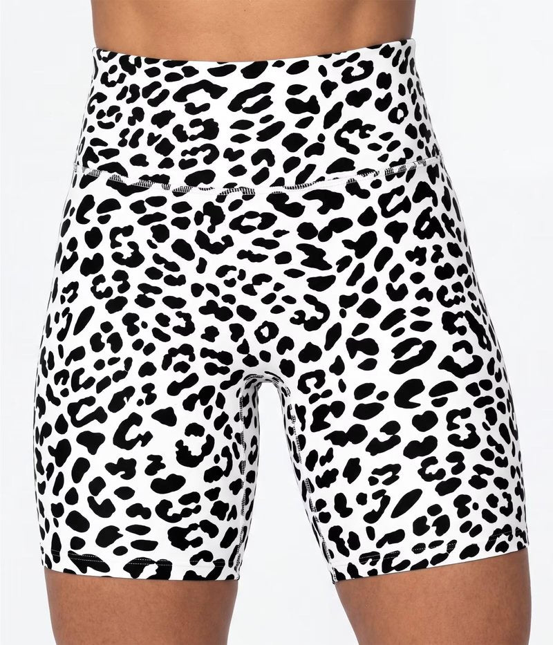 Sunzel 8" Waist Biker Shorts for Women No Front Seam Soft Yoga Workout Gym Bike Shorts Tummy Control Squat Proof Leopard White Medium