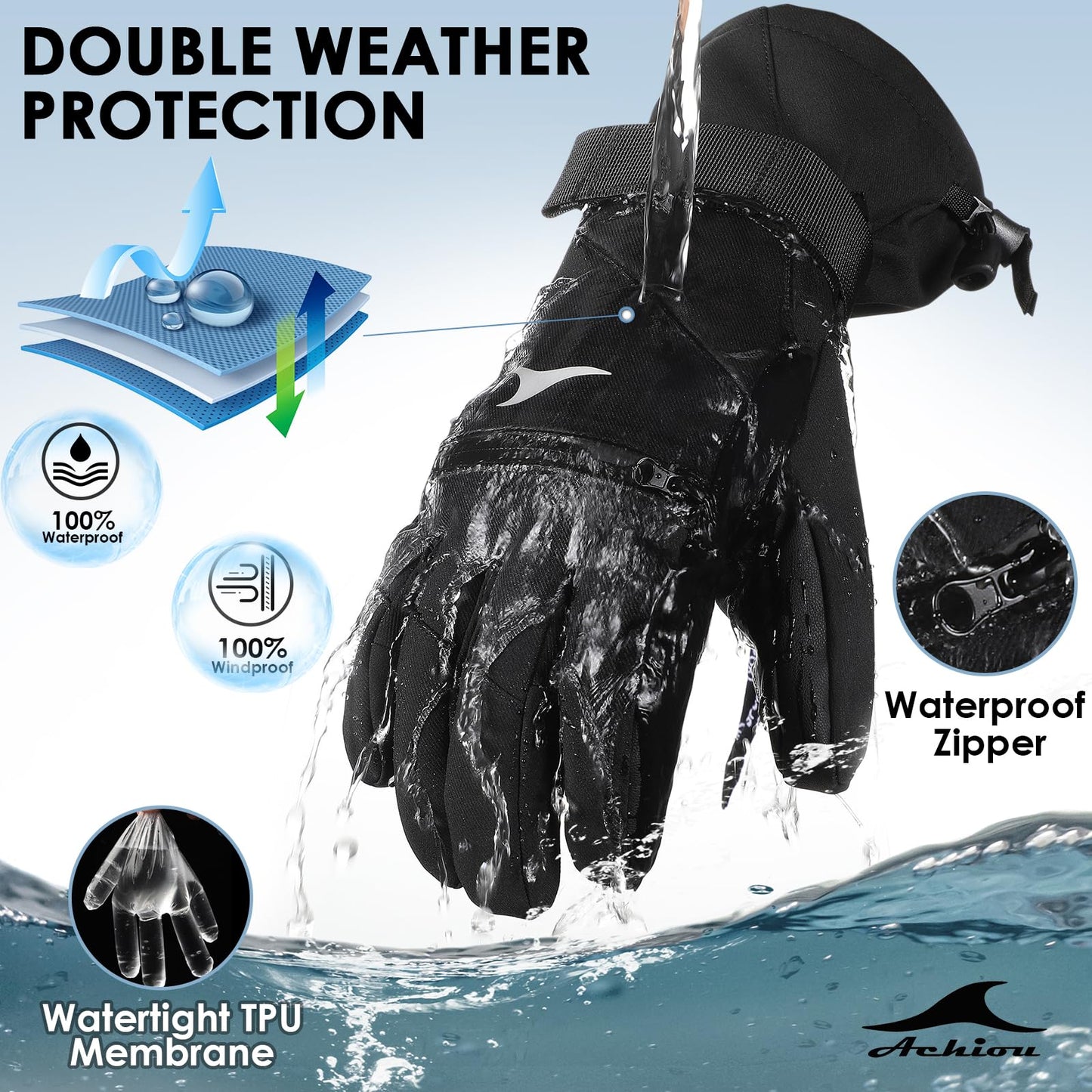 Achiou Ski Gloves,Winter Cold Weather Gloves for Men Women,Waterproof Touchscreen Snow Mittens