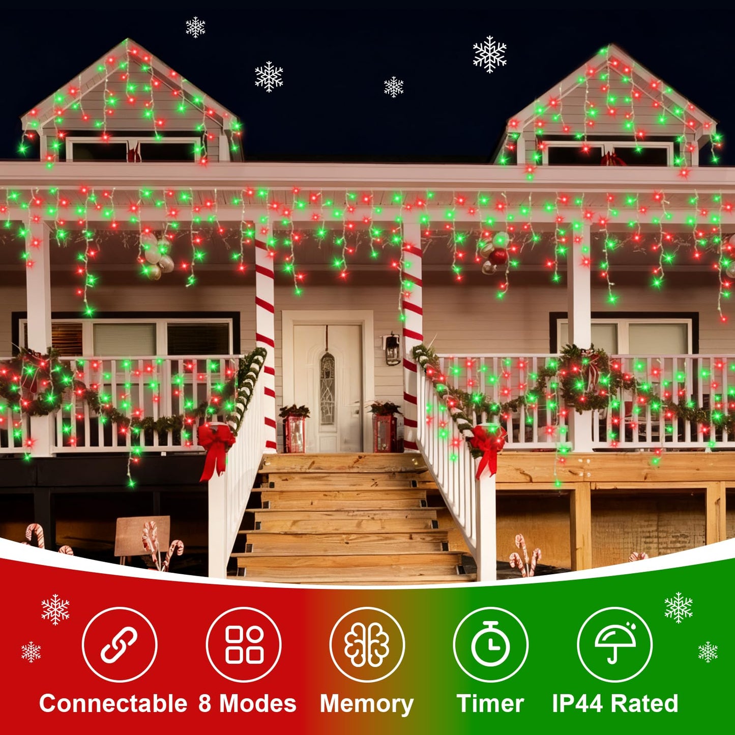 QITONG Red and Green Icicle Lights for Outside, 33ft 400 LED String Lights Indoor with 8 Modes, Clear Wire Connectable Icicle Christmas Lights Plug in