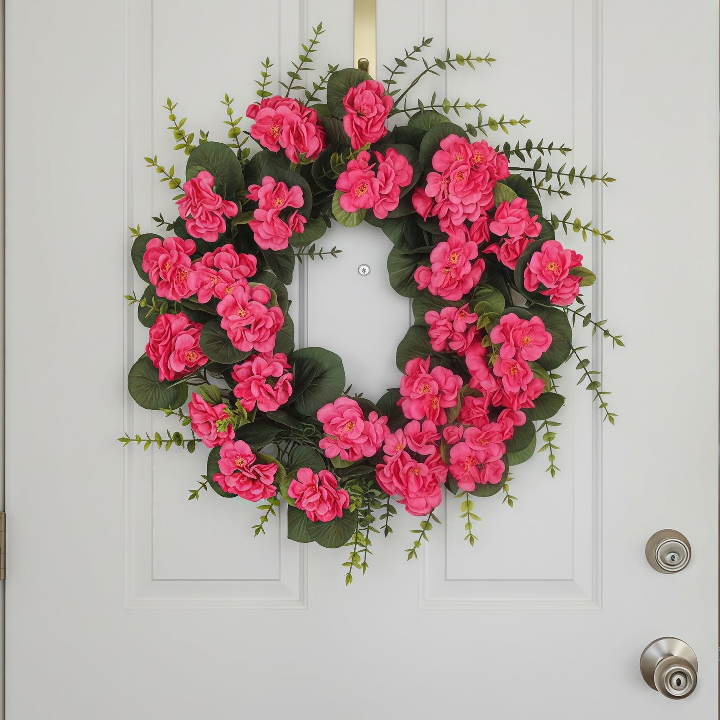 KuiMen Rose Red Artificial Geranium Wreath, 22 Inch Spring Summer Wreaths for Front Door with Blessed Hanging Sign, for Rustic Farmhouse Entryway Porch Balcony Decor