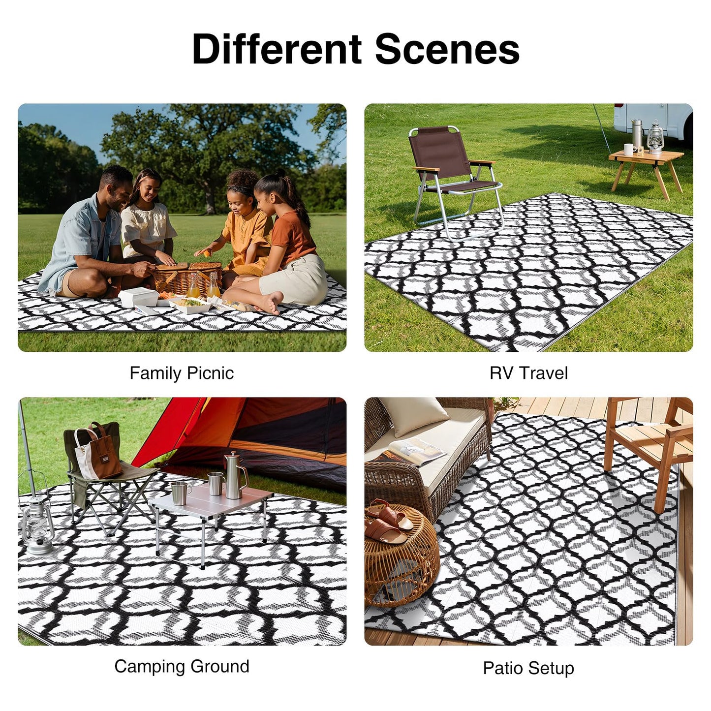 OLANLY Reversible Outdoor Rug 5x8 ft Clearance, Waterproof Outdoor Plastic Straw Rug with Interlacing Pattern, RV Mat for Patio, Camping, Balcony, Deck, Backyard, Black & White