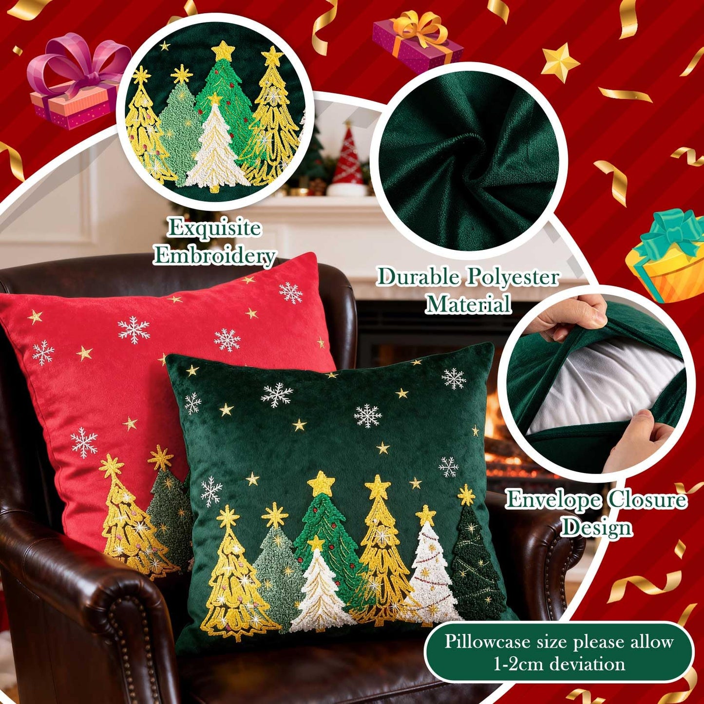 Lanpn 18x18 Christmas Pillow Covers Set of 2, Embroidery Cute Christmas Tree Decorative Holiday Pillowcase Pillow Case Cushion 18 x 18 for Indoor Home Bedroom Sofa Couch Xmas Decor