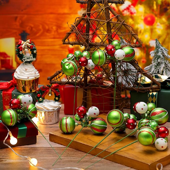 8 Pcs Lime Green Christmas Tree Picks 7.87 Inch Christmas Balls Ornaments Xmas Hanging Peppermint Decorations for Xmas Tree Topper DIY Wreath Holiday Floral Vase Fillers Crafts Home Decor