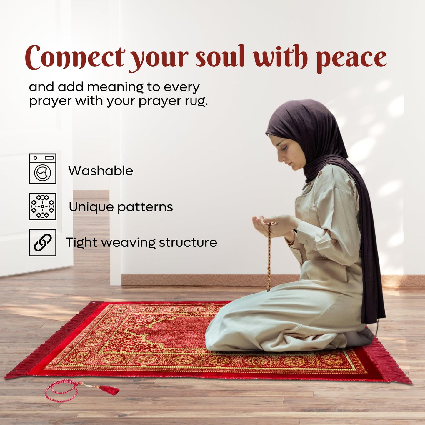 FIRASET Muslim Prayer Rug, Soft Plush Thin Islamic Prayer Mat, Janamaz, Sajada, Praying Carpet, Islamic Gift for Men & Women, Islamic Mat, Bordeaux, Eid & Ramadan Gift with Prayer Beads, 26x43 inch