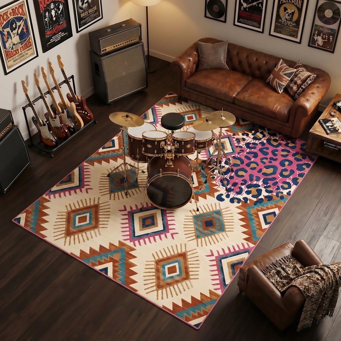GraceSway 5x7 Area Rug, Southwestern Geometric and Cheetah Leopard Print Patchwork Design, Faux Cashmere Ultra Soft Short Pile, Washable & Non-Slip Backing, Indoor Carpet for Living Room Bedroom