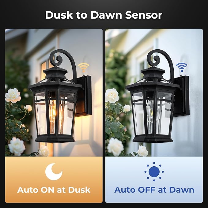 Large 9'' Outdoor Porch Light Wall Mount, Black Outdoor Wall Lantern Dusk to Dawn, Waterproof Exterior Light Fixture with Beveled Glass, Exterior Sconce Light for House, Coach Lights for Garage