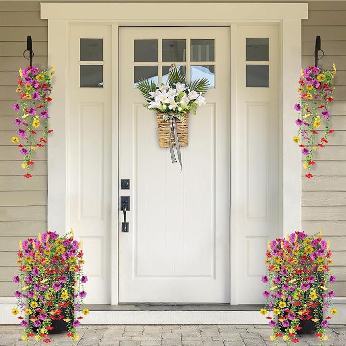 Artificial Fake Hanging Flowers Plants for Outdoor Spring Summer Decoration, 4pcs Faux Silk Realistic UV Sun Resistant Daisy for Outside Porch Patio Window Box Yard Home Decor (Colorful Mix)