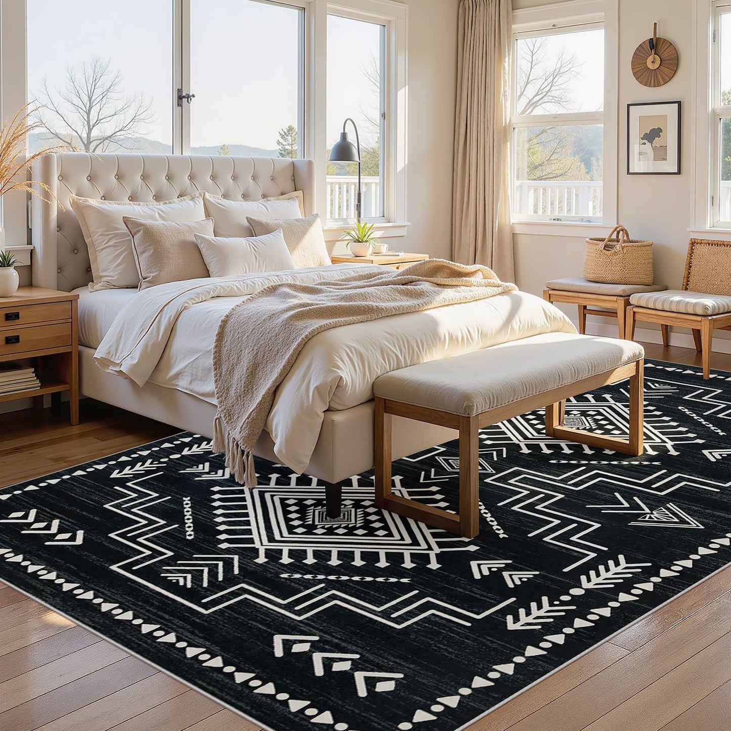 Joydeco Moroccan Black 8x10 Area Rugs for Living Room, Non-Slip Western Large Bedroom Dining Room Rug, Throw Stain Resistant Geometric Aztec Print Modern Soft Carpet for Playroom Office