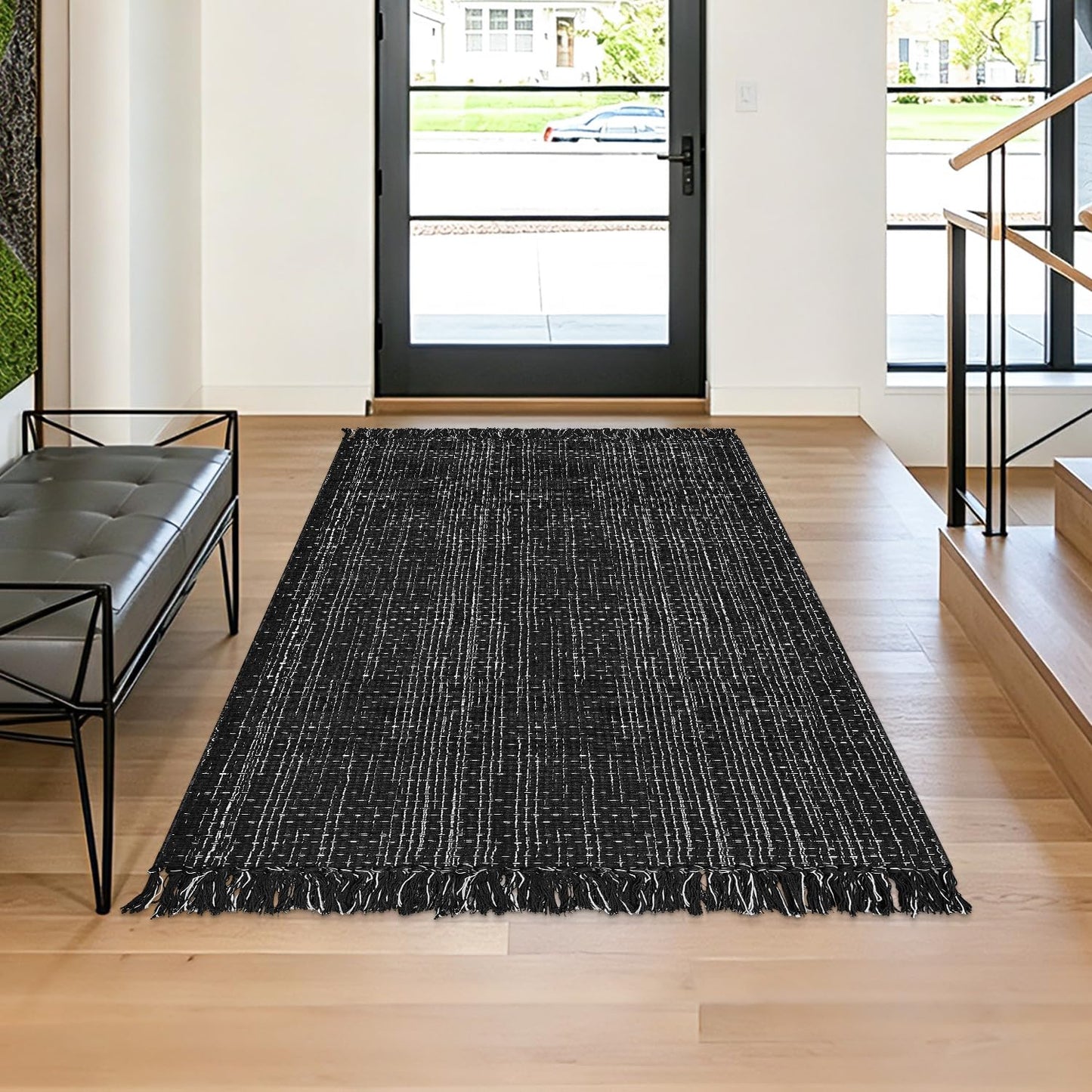 Washable Area Rug 3x5 Cotton Runner with Tassel, Black White Indoor Outdoor Rug for Kitchen Bedroom Living Room Farmhouse Laundry Entryway
