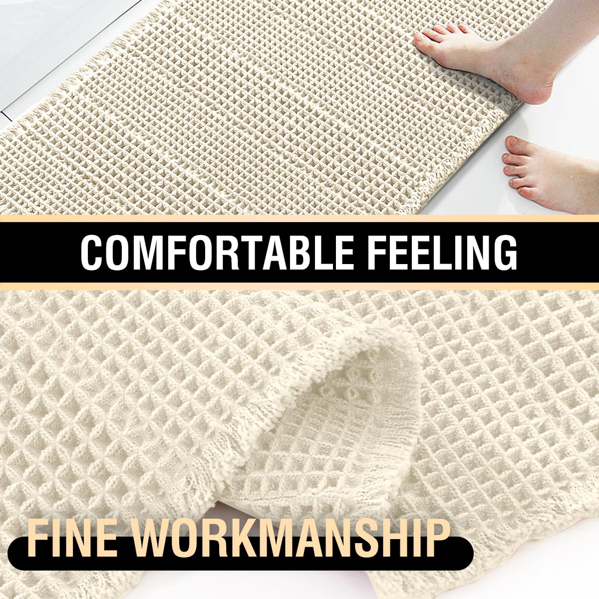 H.VERSAILTEX Upgraded Waffle Runner Rug Super Absorbent Non Slip Bath Rugs for Beside Tub, 24" x 72", Ivory