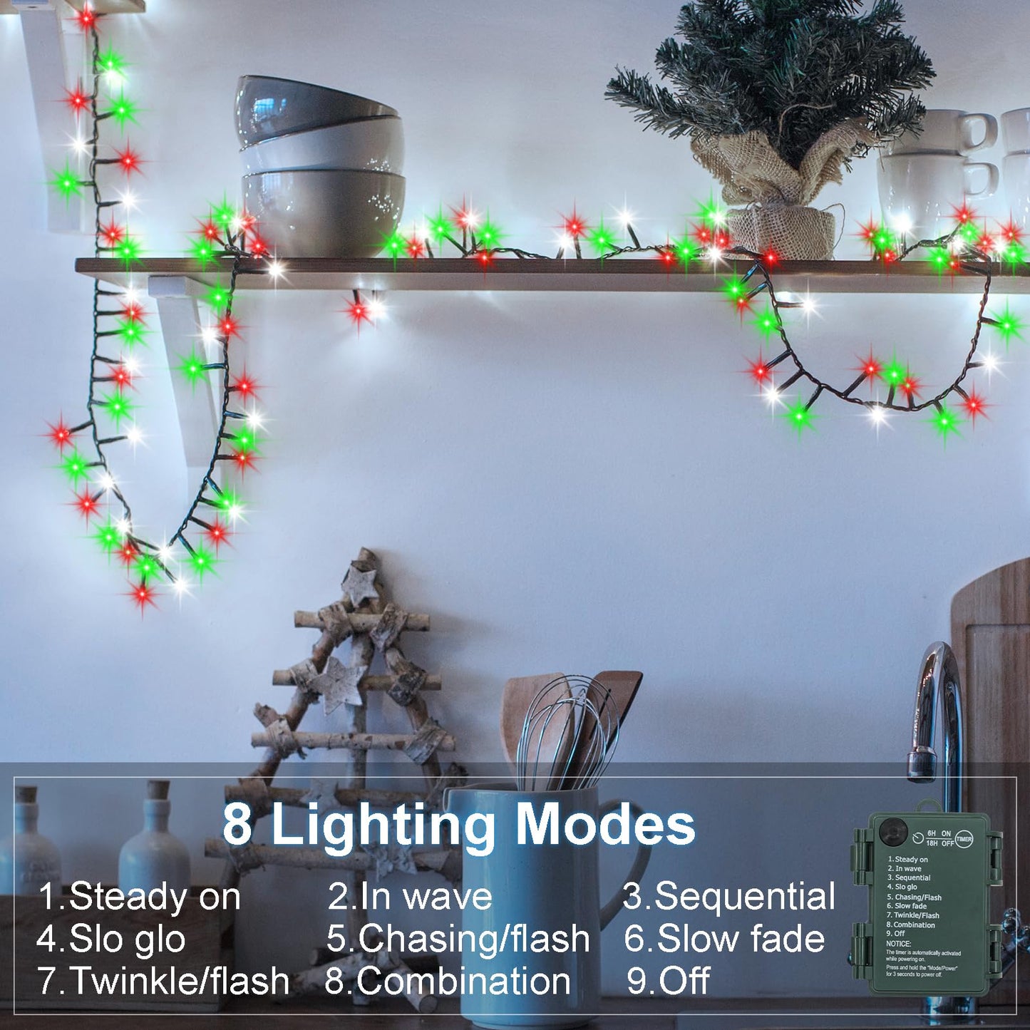 BSGlobal 2 Pack Christmas Lights Red White Green, Total 20Ft 400 LED String Lights with Timer 8 Modes Cluster Firecracker Light for Tree Room Garden Outdoor Decor