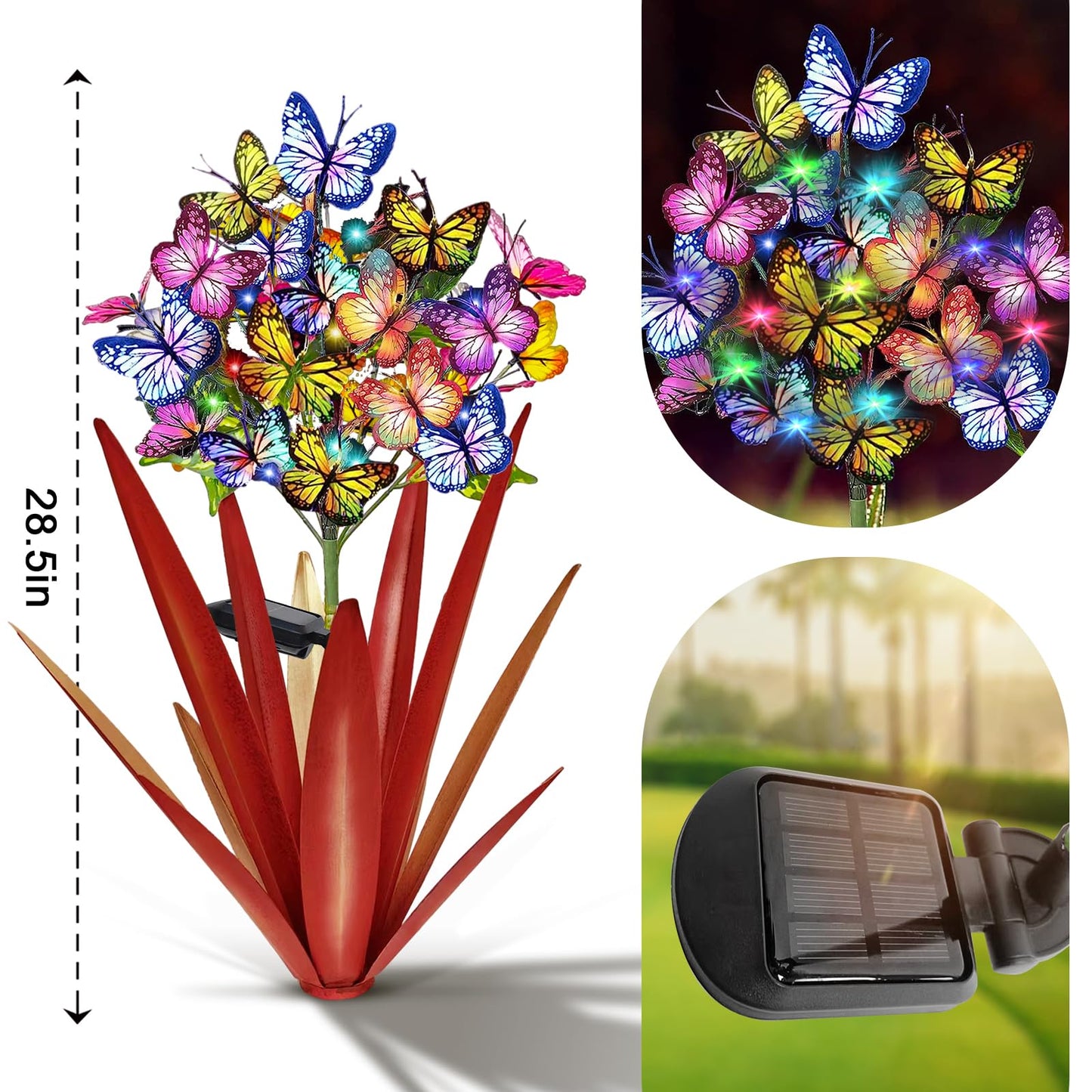 Homight Solar Metal Agave Butterfly Flower Stick Garden Sculpture - Outdoor Christmas Lights, Swaying Solar Lights Gift (2 PCS RED)