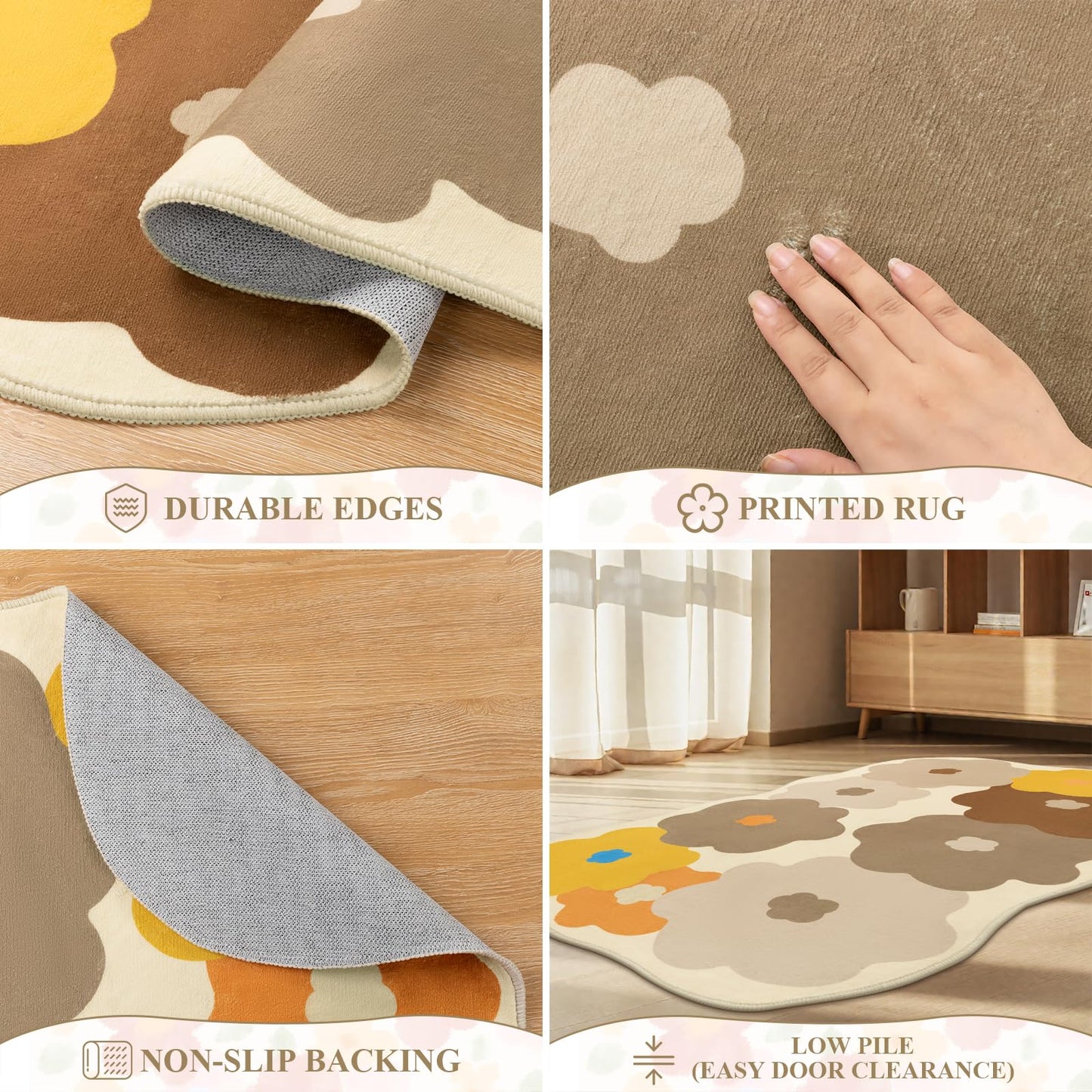 Floral Cute Rug 3x5 Irregular Scalloped Rug Beige Flower Shaped Indoor Mat Bedroom Floor Carpet Non Slip Washable Area Rug for Kids Room Playroom Living Room Entryway