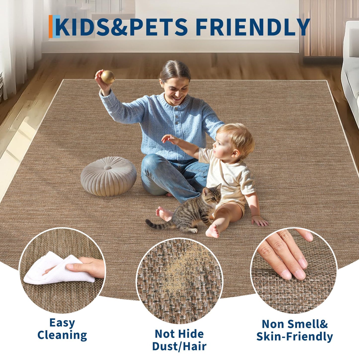 GarveeHome Easy Jute Rug 8x10 Washable Living Room Rugs Non Slip Stain Resistant Modern Neutral Dining Room Throw Carpets Solid Tan Contemporary Area Rugs for Kitchen Bedroom Nursery, Brown