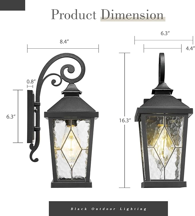 Emliviar Outdoor Porch Light 16 Inch, Farmhouse Wall Mount Fixture with Water Glass Shade, Matte Black Carriage Light for House, Yard, Garden, Patio, WE301B-SD BK