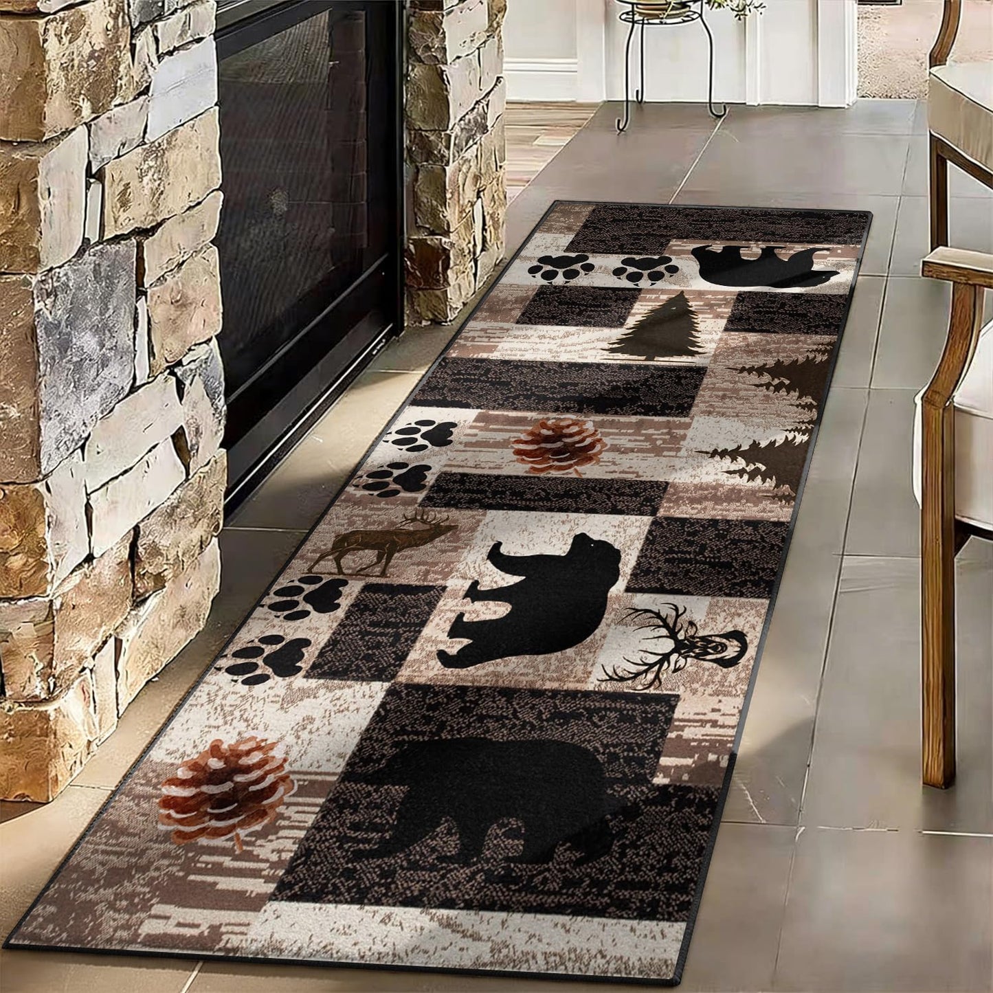 Puyosvr Rustic Lodge Runner Rug,2x7ft,Western Country Bear Elk Deer Wildlife Log Design,Forest Landscape Hunting Theme Rug,with Non Slip Backing Washable Rugs, Non Slip Pet Friendly Rug for Hallway