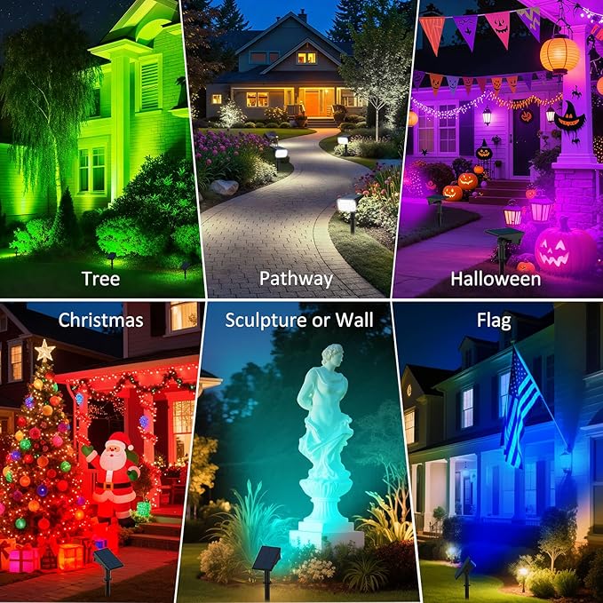 T-SUNUS Solar Color Landscape Spotlights Outdoor Christmas, IP65 Waterproof RGB Spot Light 2 Pack Auto Dusk to Dawn Landscaping Wall Lights for Tree Yard Garden Driveway Porch Walkway Pond Halloween