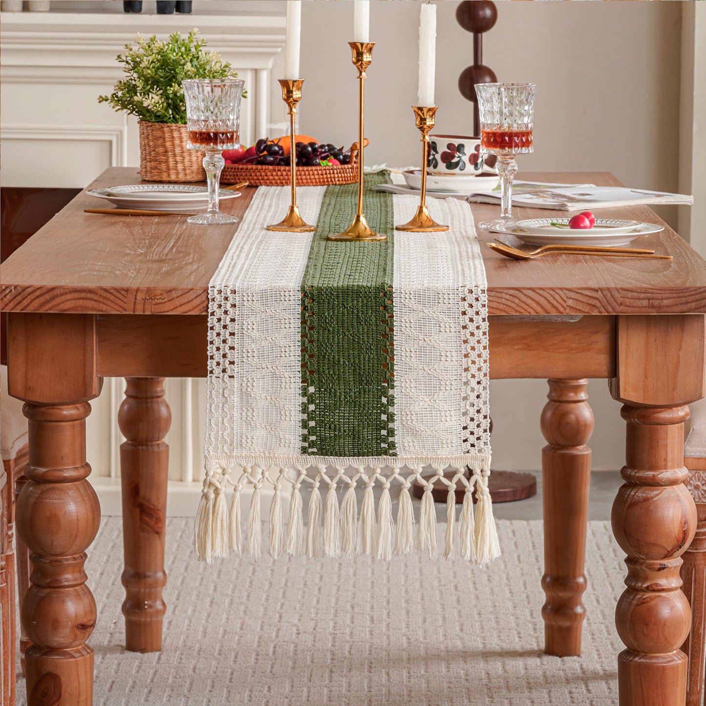 duduta Sage Green Spring Macrame Table Runner 72 inch Long, Farmhouse Boho Dresser Covers Coffee Table Decor