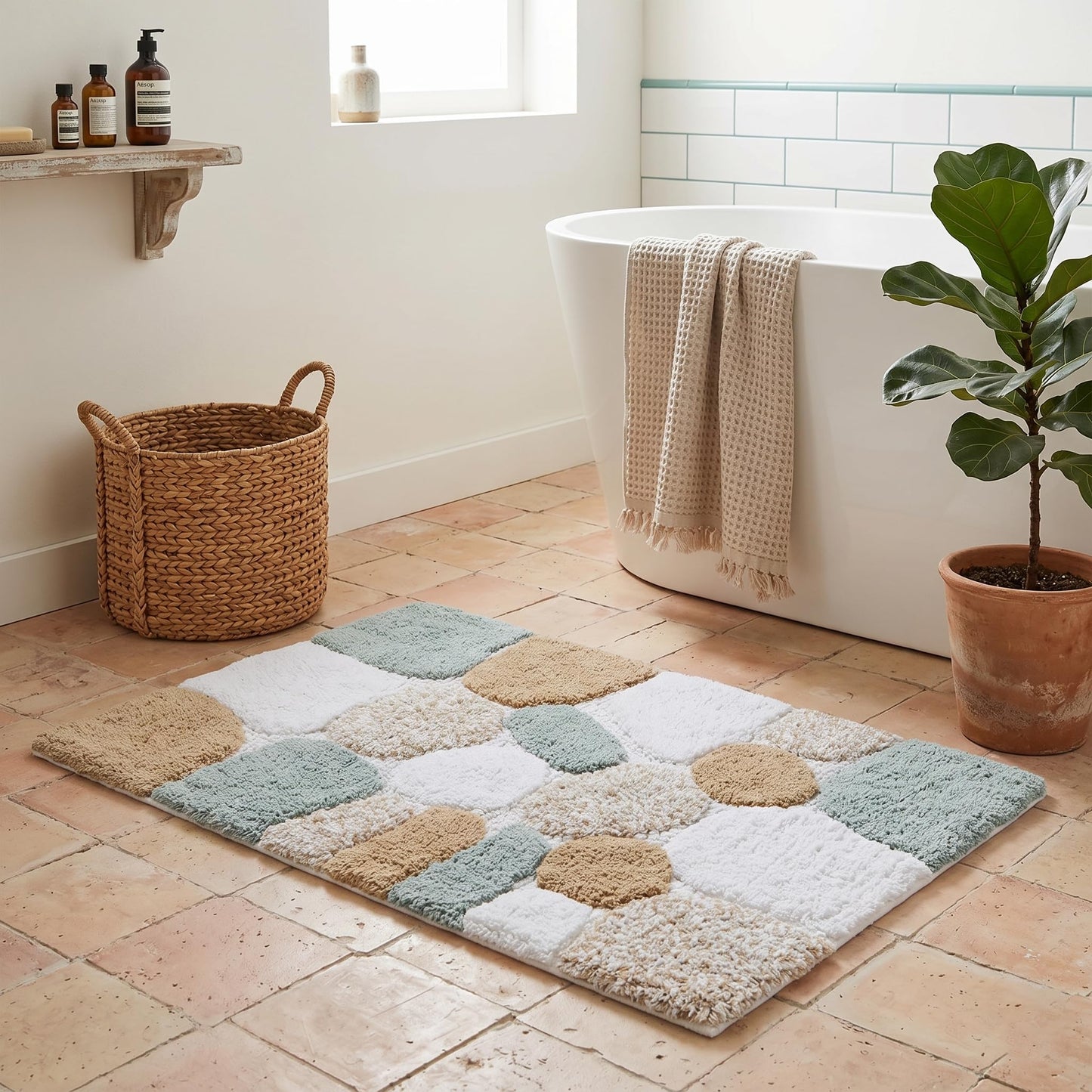 Cotton Pebble Stone Bath Rug 21x32 Inches - Grey Beige, Anti Slip Quick Dry Floor Water Absorbent Bathrug Ideal for Bathroom, Kitchen, Laundry Room | Soft Machine Washable Carpet for Tub Shower Patio