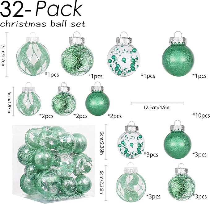 XmasExp 32ct Christmas Ball Ornaments Set -Mint Green Clear Plastic Shatterproof Xmas Tree Ball Decorations Hanging Baubles for Holiday Decor