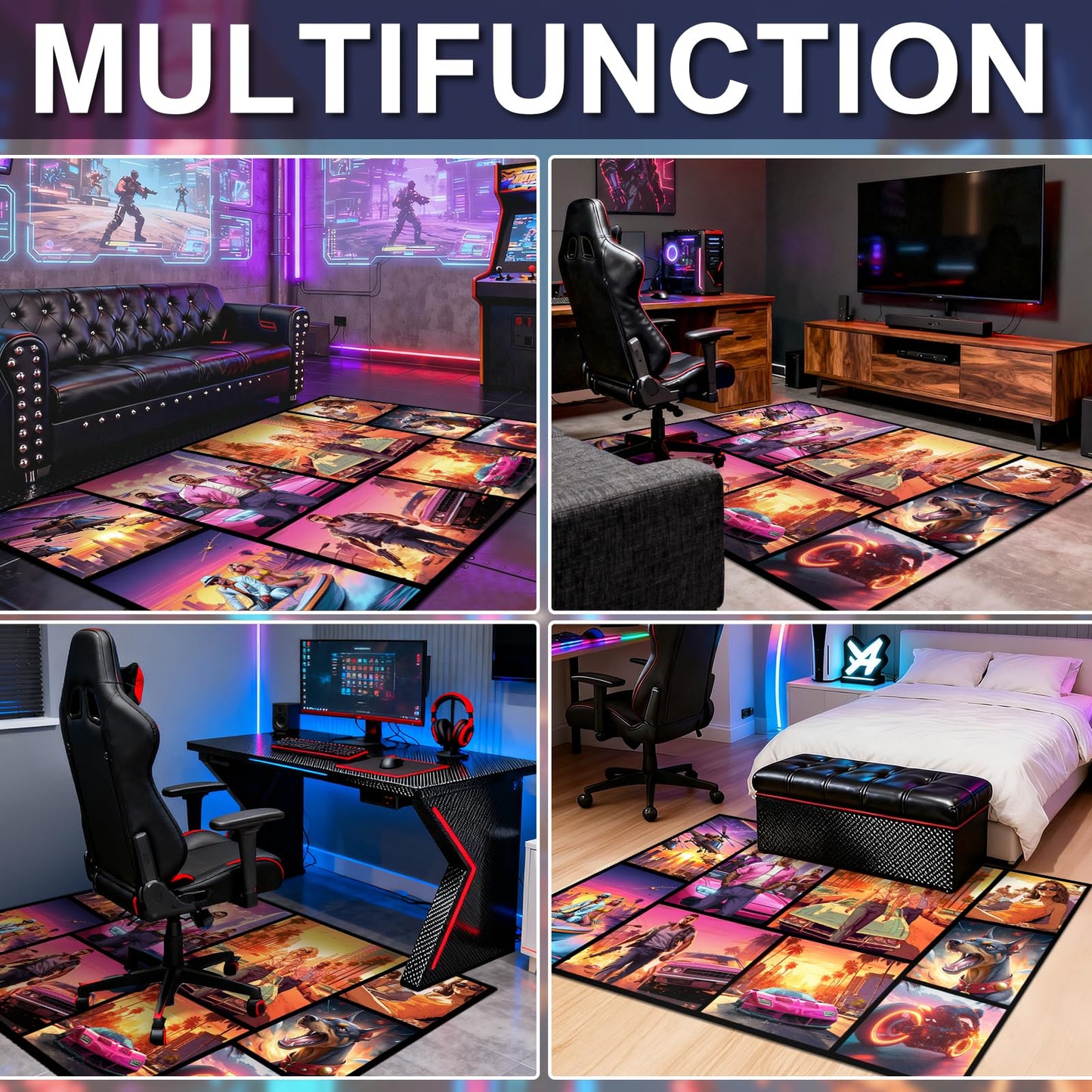 Gaming Area Rug Teen Boys Carpet, Non-Slip Comic Splicing Style Rug with Upgrade Rubber Backing, Stain Resistant Faux Wool Distressed Carpet for Game PlayRoom, Bedroom, Living Room (Autos, 79" x 59")