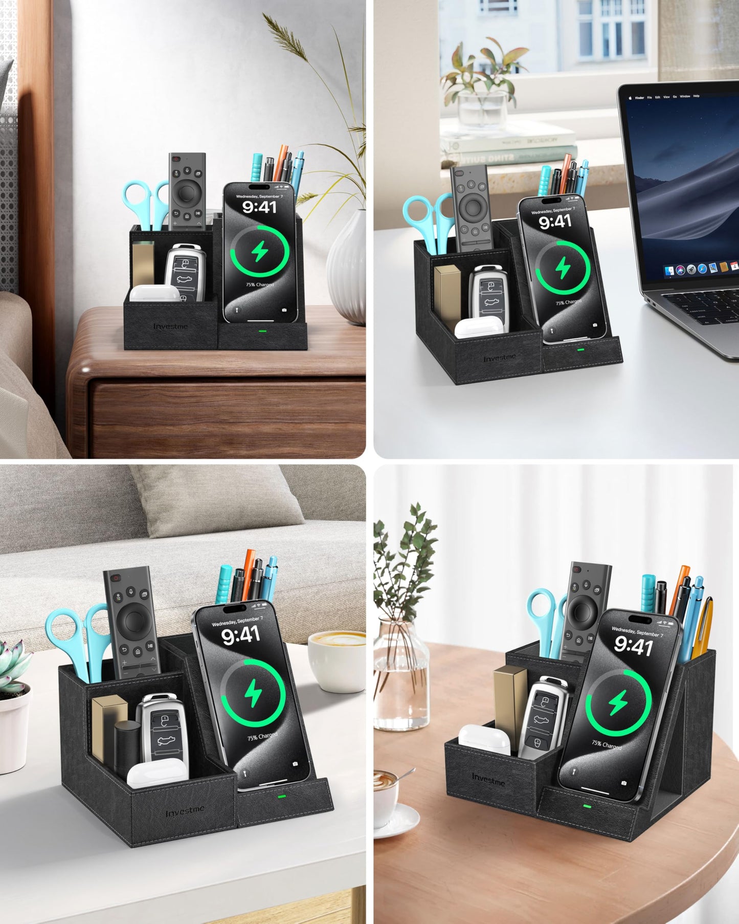 Investme Wireless Charger with Desk Organizer, Pen Pencil Holder, Multifunctional Desktop Organizer, Office Supplies and Desk Accessories Organizer with 3 Compartments and 1 Phone Stand, PU Black