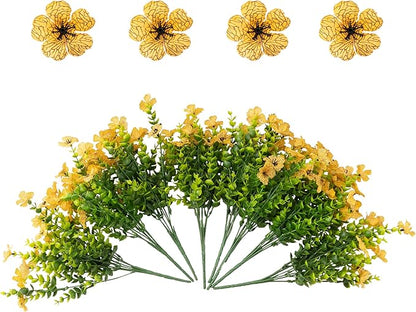 Outdoor Artificial Flowers, 8 Bundles Fake Flowers Autumn Decoration, No Fade Faux Plastic Shrubs for Garden Patio Porch Window Box Fall Decor (Yellow)