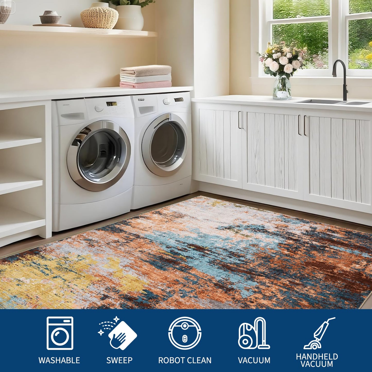 GarveeHome Washable Area Rugs 2x6 Non-Slip Abstract Runner Rugs, Ultra-Soft Low Pile Floor Cover, Stain Resistant Contemporary Indoor Floor Carpet for Hallway, Bedroom, Laundry, Yellow