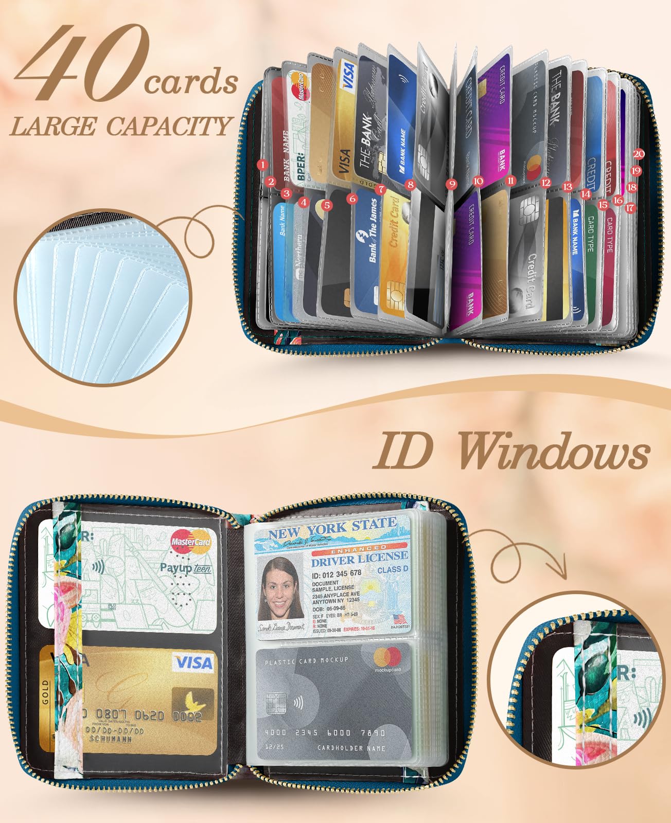 Bistup 【40 Slots Credit Card Holder for Women Girls Cute RFID Blocking Card Organizer Leather Cardholder Protector for Lady Female Large Capacity Size Big Zipper Wallet Flower Luxury Aesthetic Unique