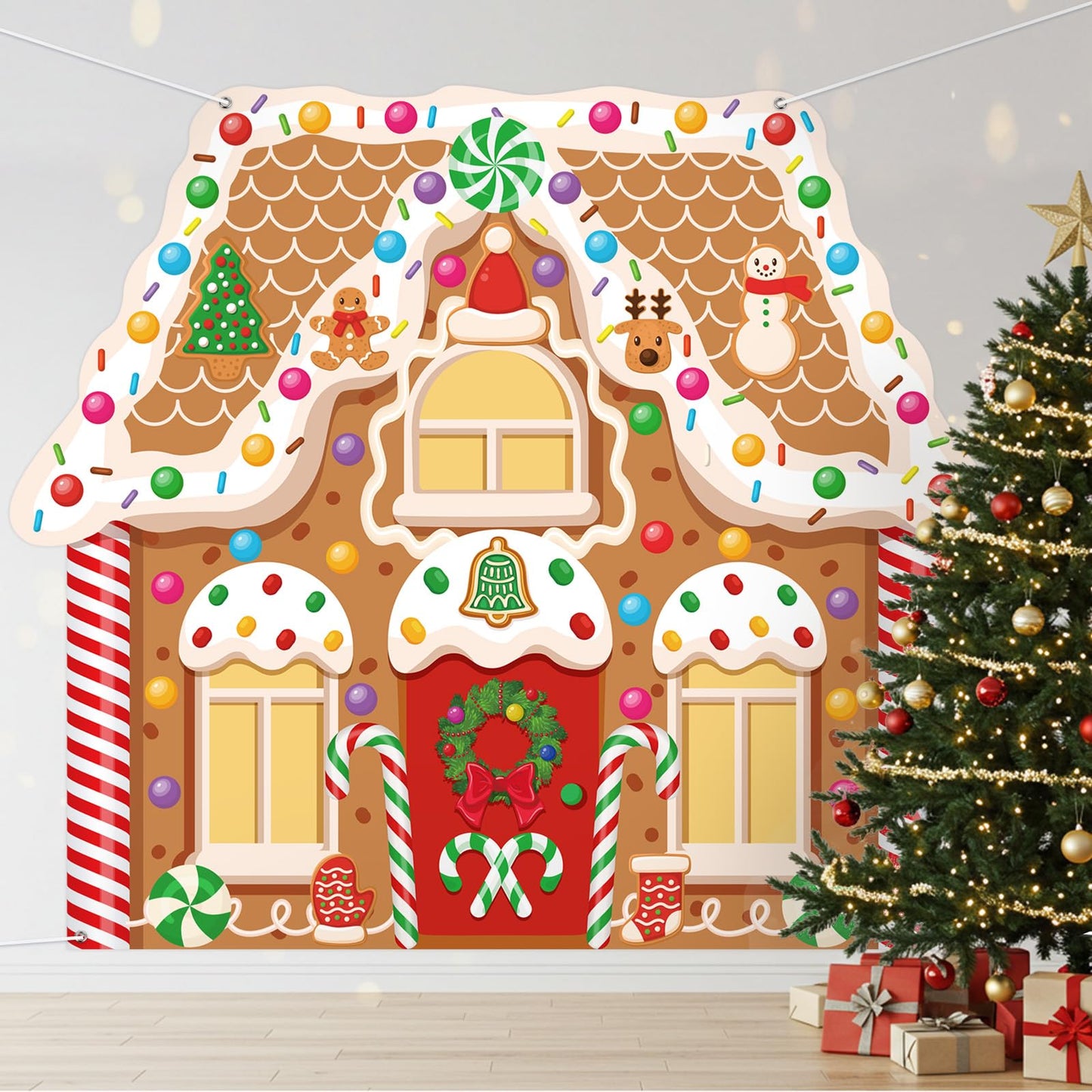Panelee Extra Large Christmas Banner Decorations 7.4x6.5 ft Polyester Gingerbread House Backdrop Xmas Party Background for Xmas Holiday Garage Door Yard Photo Booth Indoor Outdoor Decor(Vivd)