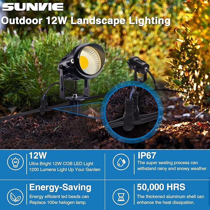 SUNVIE 24 Pack Low Voltage Landscape Lights LED 12W Landscape Lighting with connectors AC/DC 12V-24V Outdoor Spotlight IP65 Waterproof Tree Flag Lights Warm White Spotlights for Yard Garden Pathway