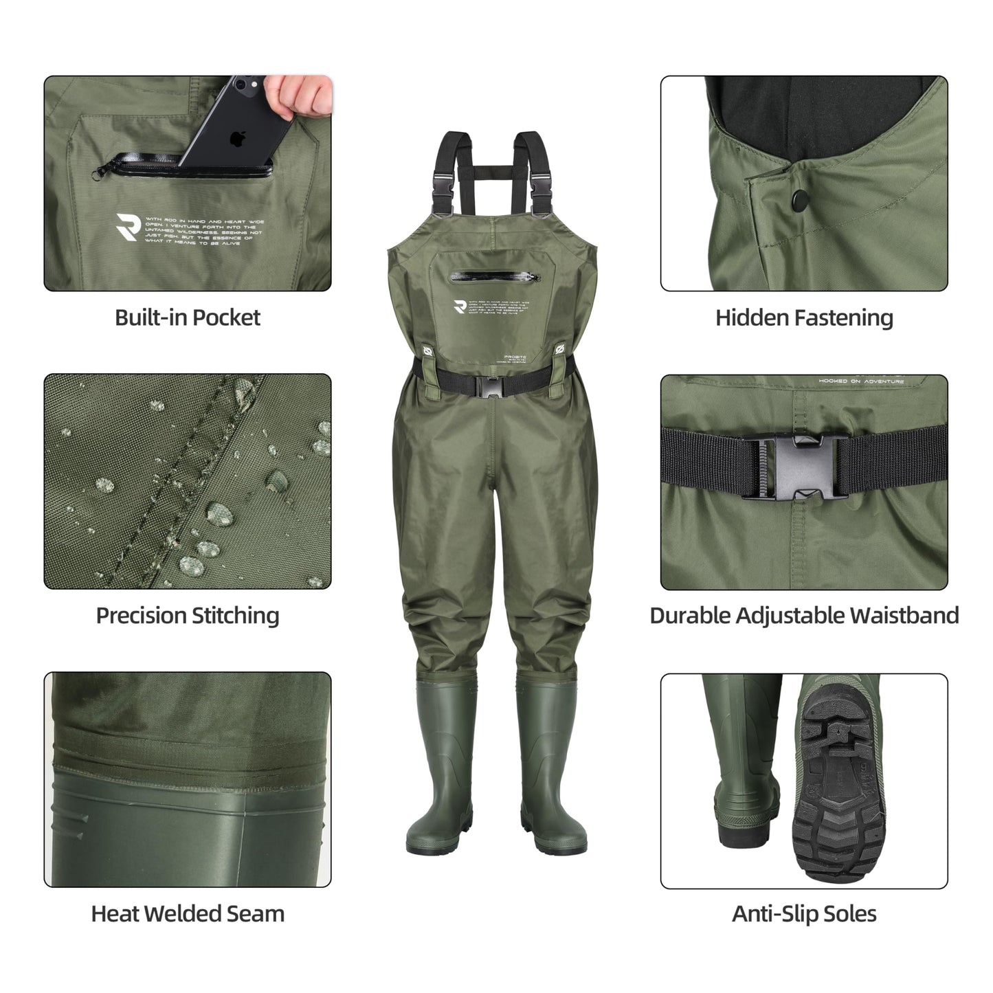 PROBITE Fishing Chest Waders for Men Women with Boots Waterproof 2-ply Nylon PVC Lightweight Waders for Hunting(M9/W11,Green)