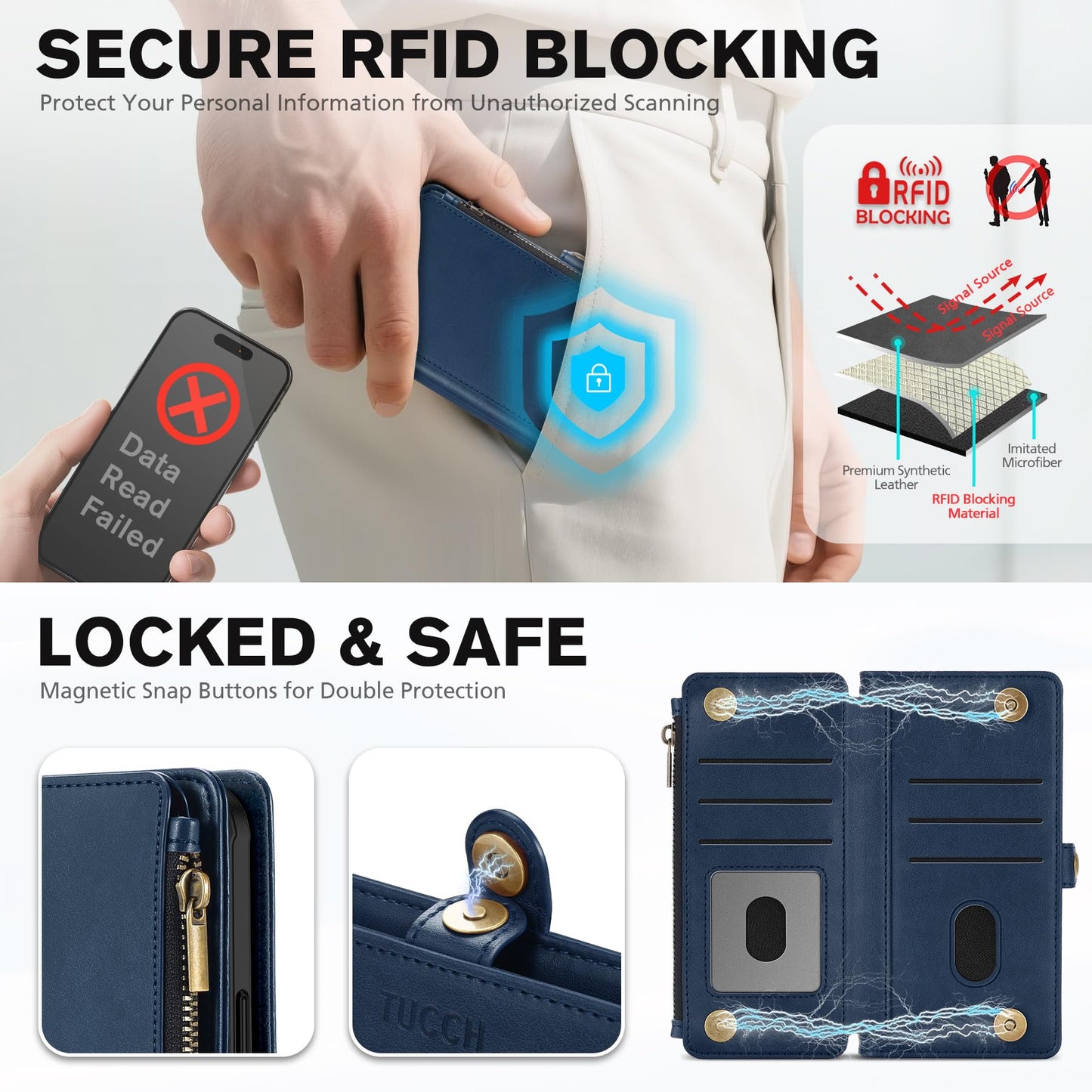 TUCCH Crossbody Detachable Wallet Case for iPhone 17 Pro Max 6.9", 10 Card Holders RFID Blocking, Wireless Charging, Stand, Wrist Strap, Lanyard, Zipper Pocket, PU Leather Shockproof Cover, Dark Blue