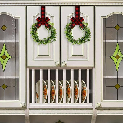 WILLBOND 4 Pcs Christmas Kitchen Cabinet Wreath Boxwood Garland with Ribbon Greenery Garland Hanging Wreaths for Cabinet Wall Window Door Fireplace Party Farmhouse Decor(Black and Red,Fabric)