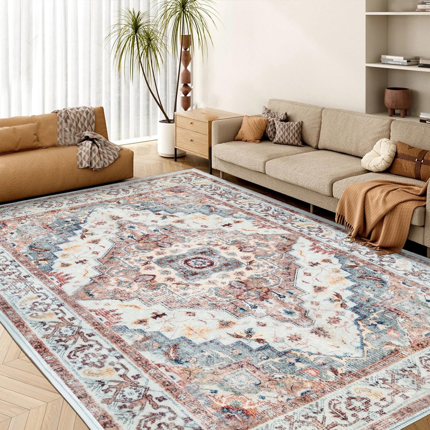 Washable Area Rug 5x7, Large Soft Rugs for Living Room, Non-Slip Stain Resistant Boho Chic Vintage Carpet for Bedroom Dining Room Cherry