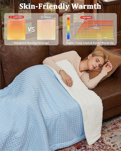 CAROMIO Heated Blanket Full Size, Waffle Weave Electric Blanket Throw with LCD Controller, Fast Heating, 10 Heat Levels & 1-12H Time Settings, ETL Certified, Machine Washable, Light Blue, 72" x 84"